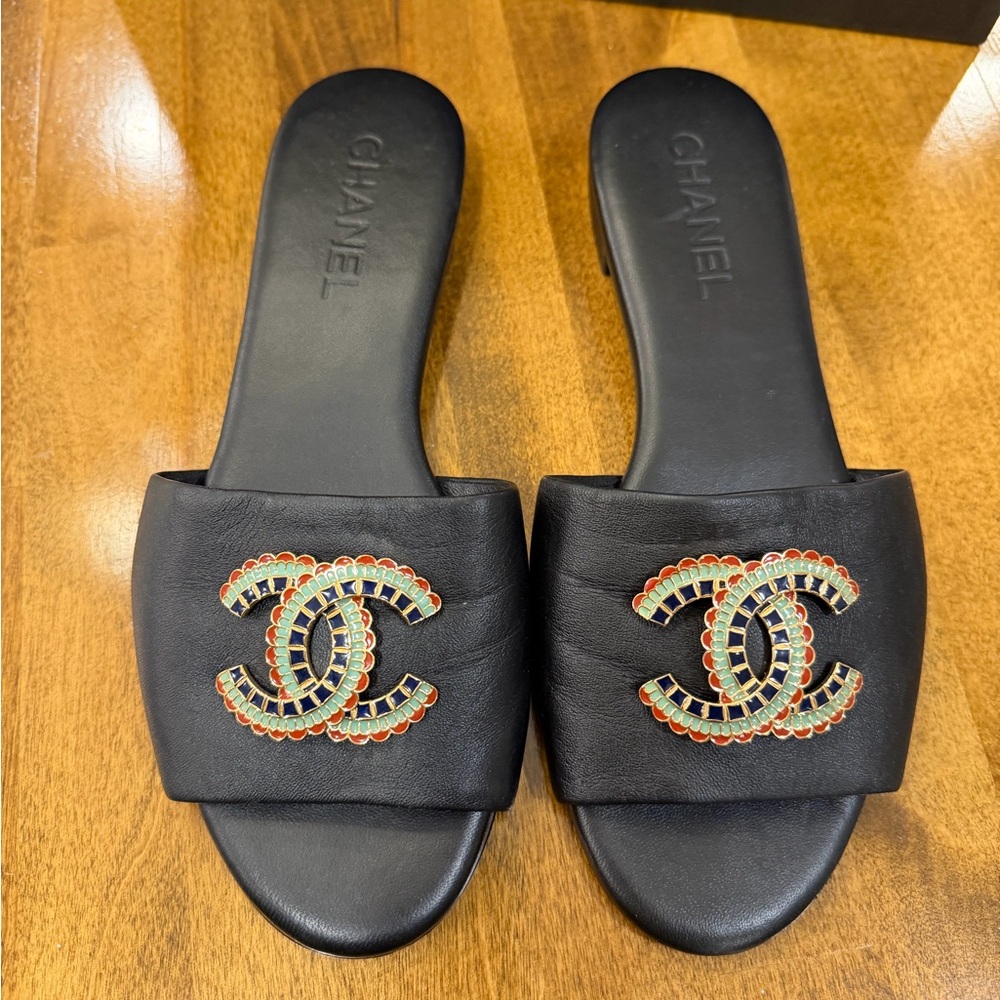 Chanel Black Sandals with Embellished Logo Size 9